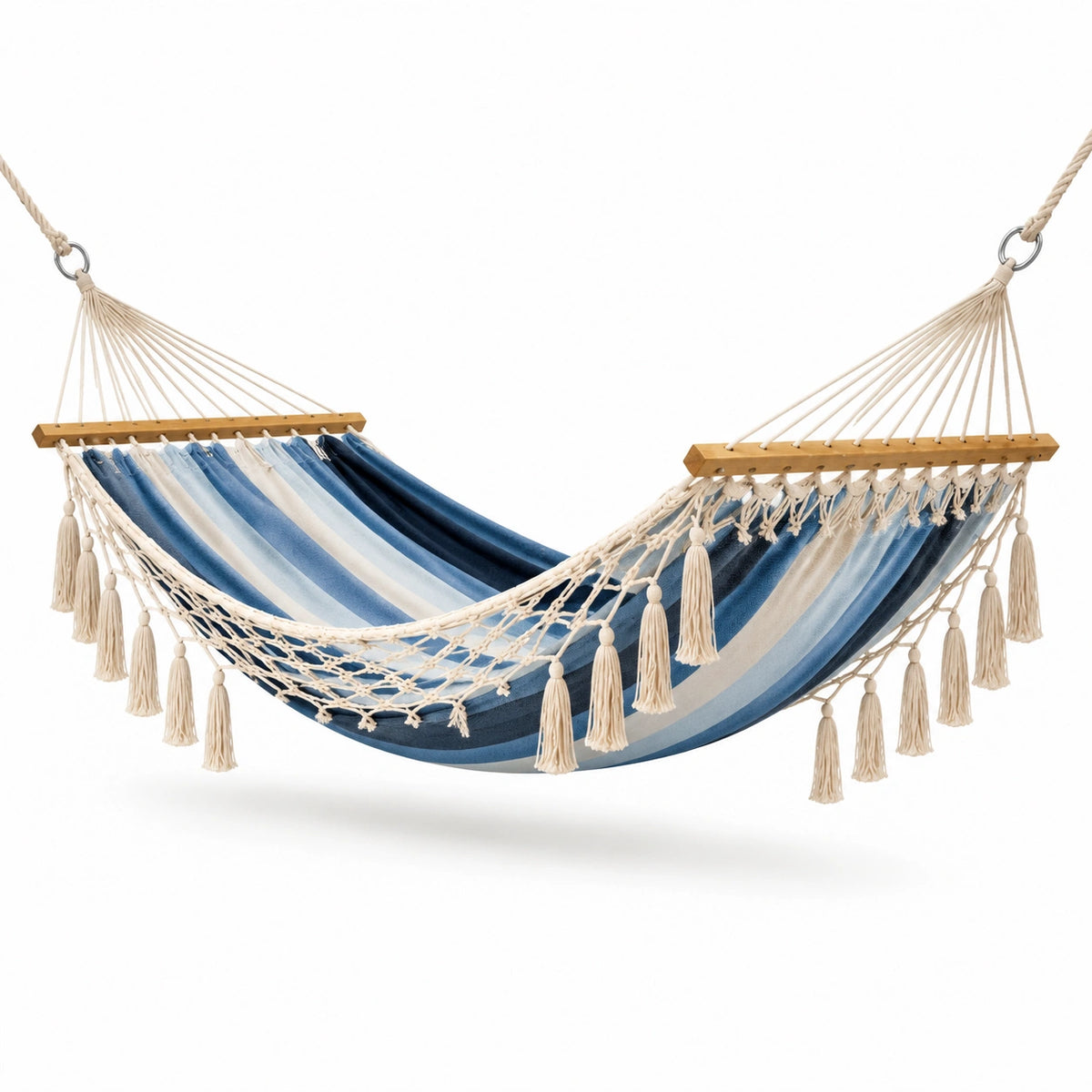 Amaca in cotone a righe blu e crema per esterni 200x150 cm