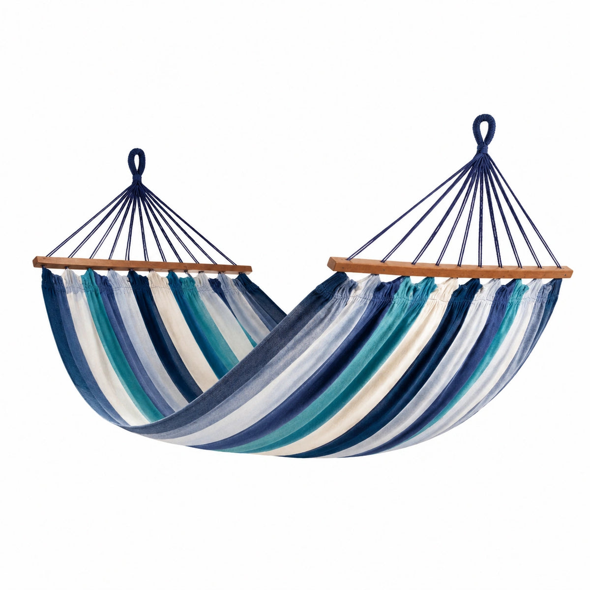 Amaca in cotone con struttura in legno blu, bianco e verde 200x150 cm
