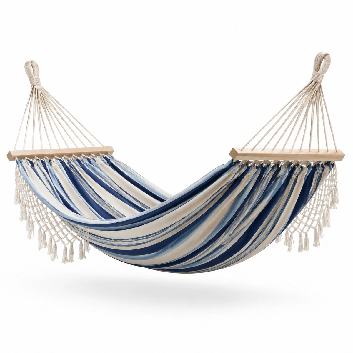 Amaca in Cotone a Strisce Blu e Bianco con Struttura in Legno