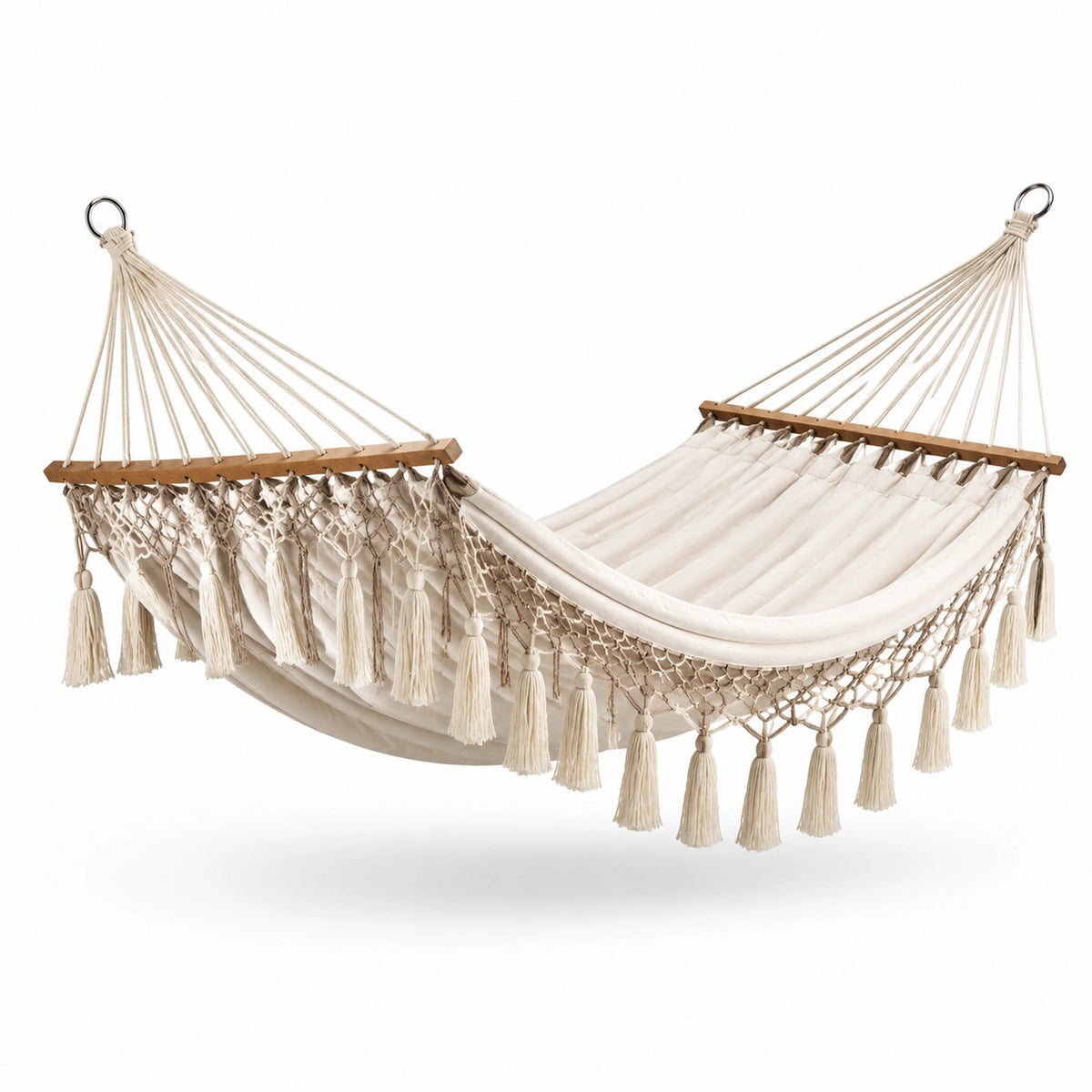 Amaca in Cotone con Struttura in Legno e Nappe in Macramè Bianco 200x150 cm
