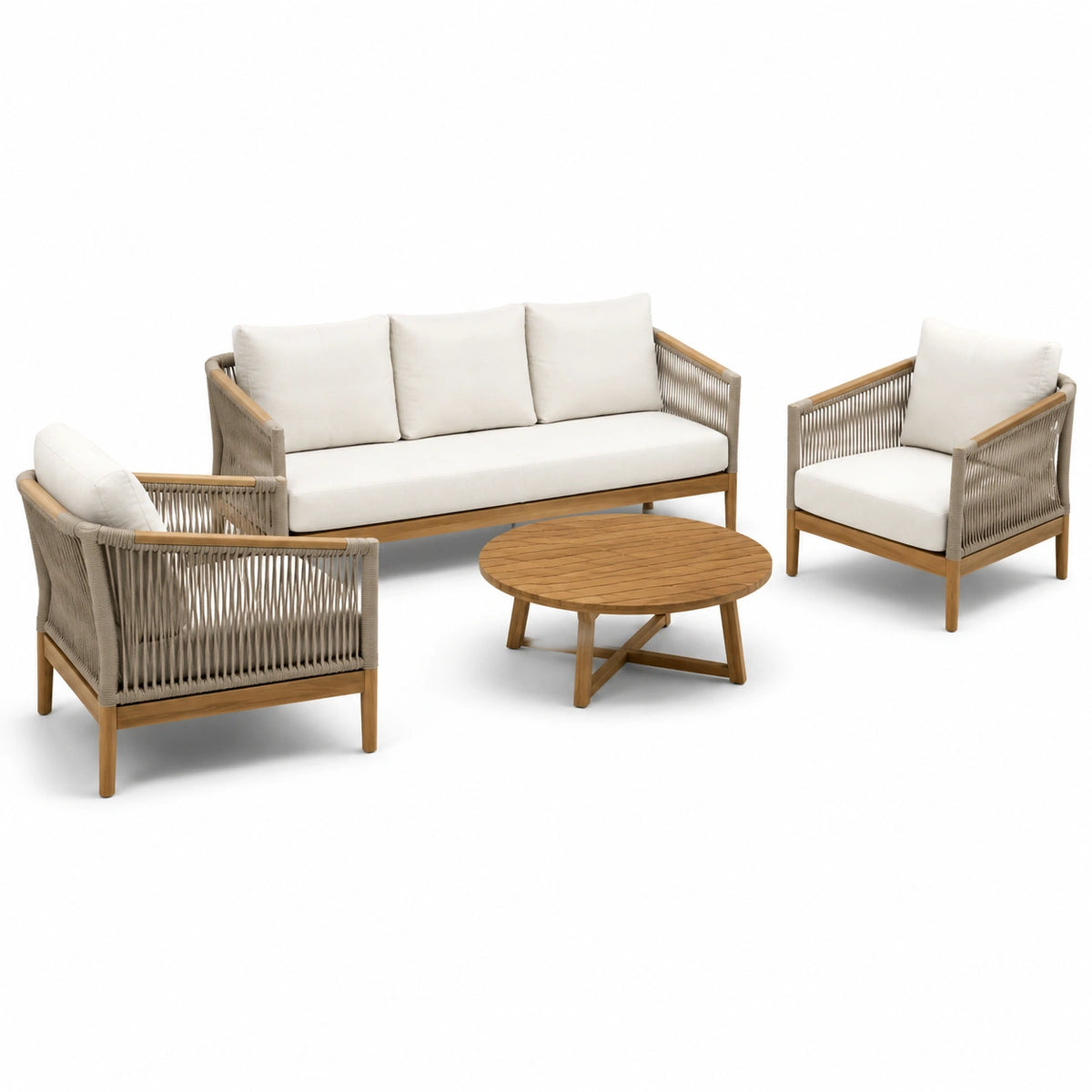 Set da giardino in legno e corda con divano, poltrone e tavolo rotondo