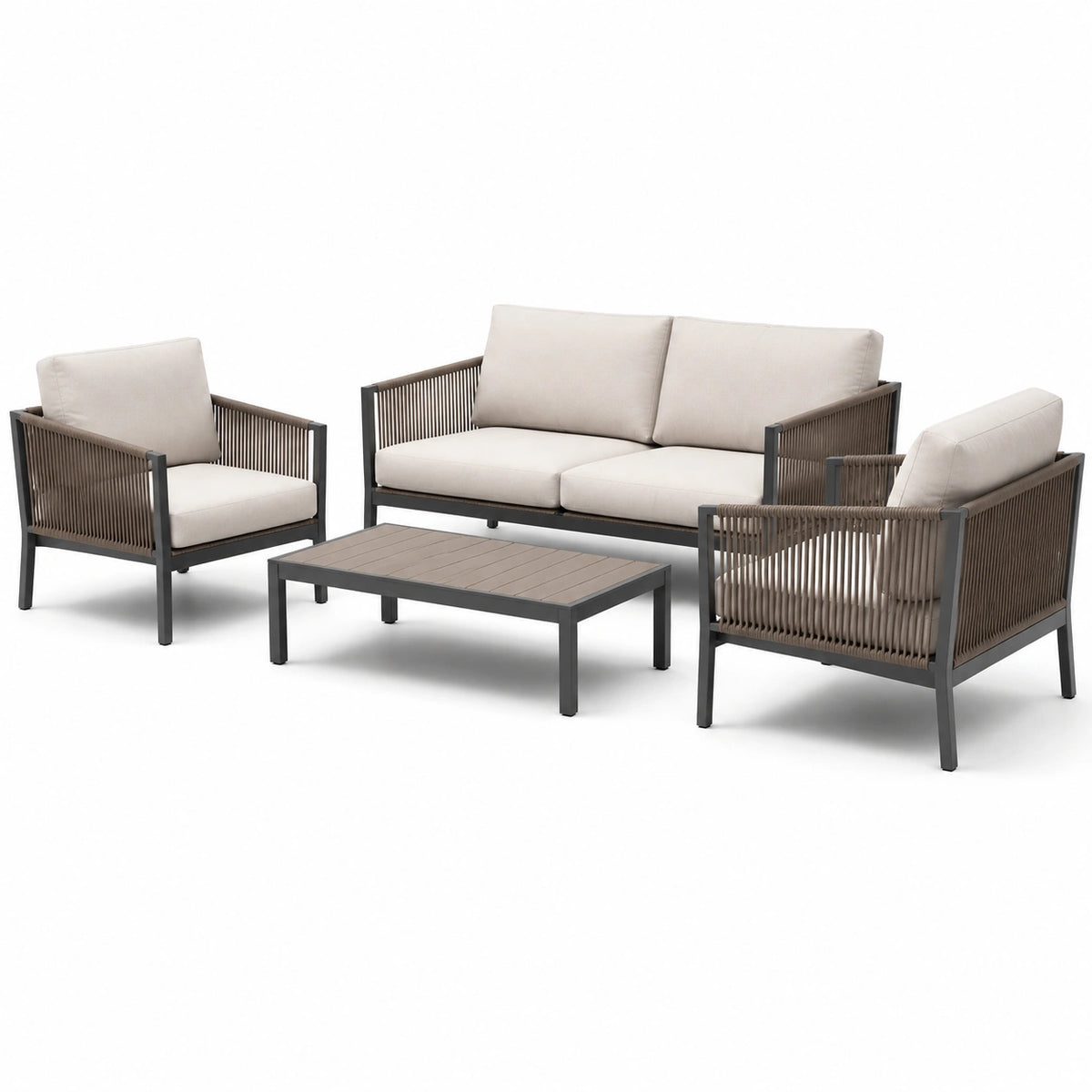 Set salotto da esterno in alluminio e corda con tavolino