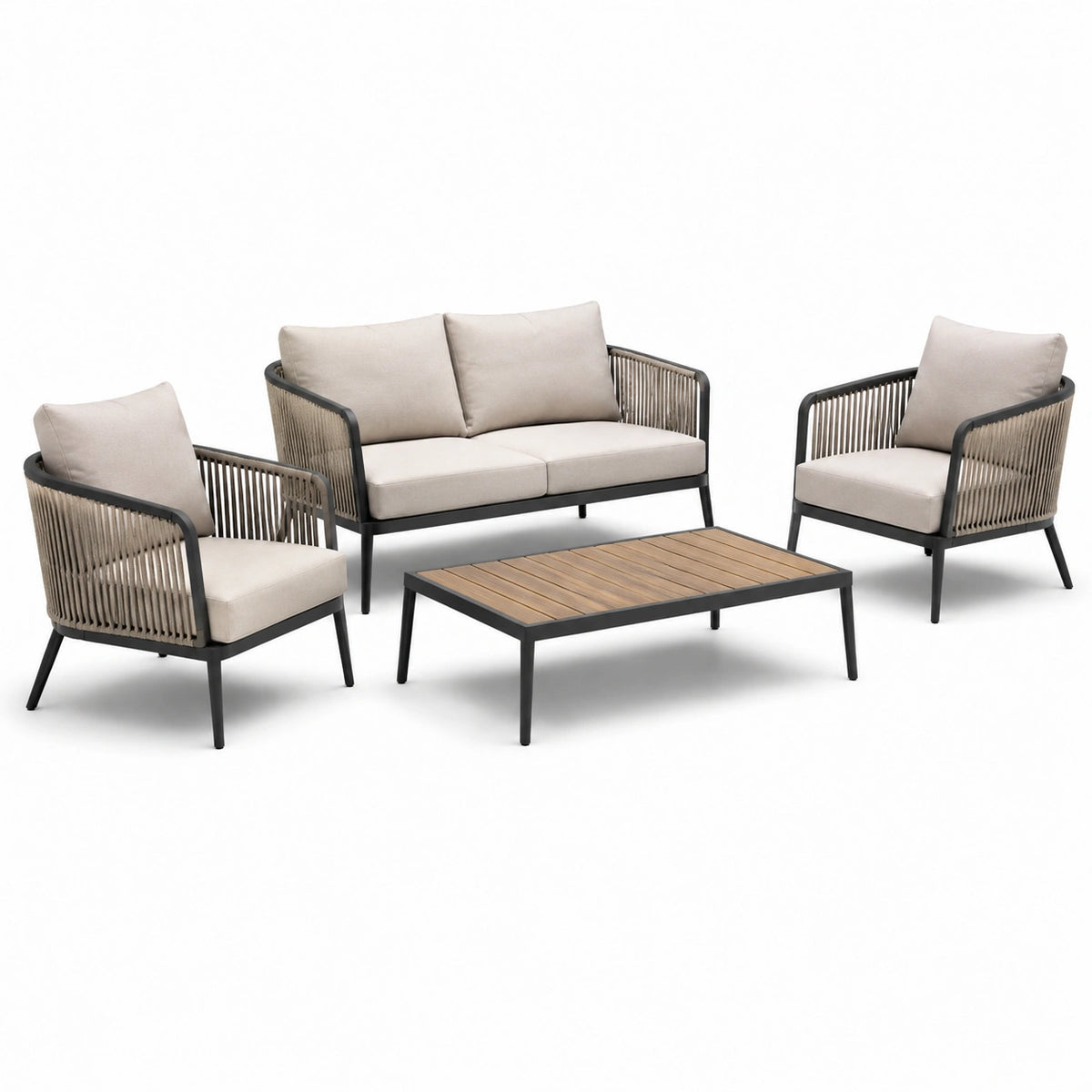 Set da giardino in metallo e legno con cuscini in poliestere