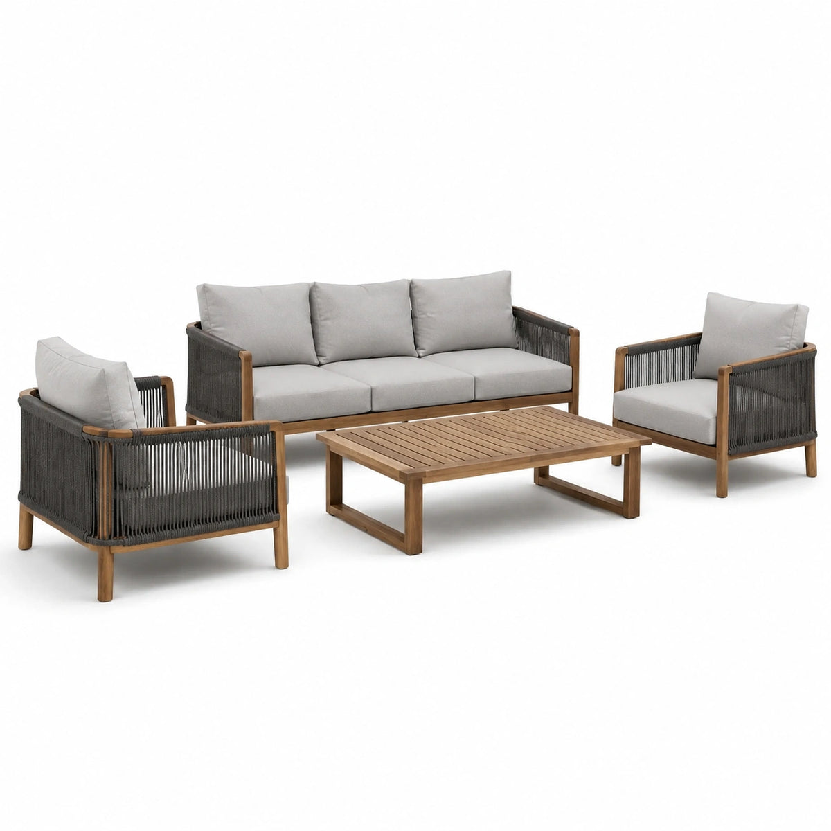 Set salotto da giardino in legno teak e tessuto grigio