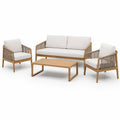Set da salotto da giardino in legno e corda con cuscini beige