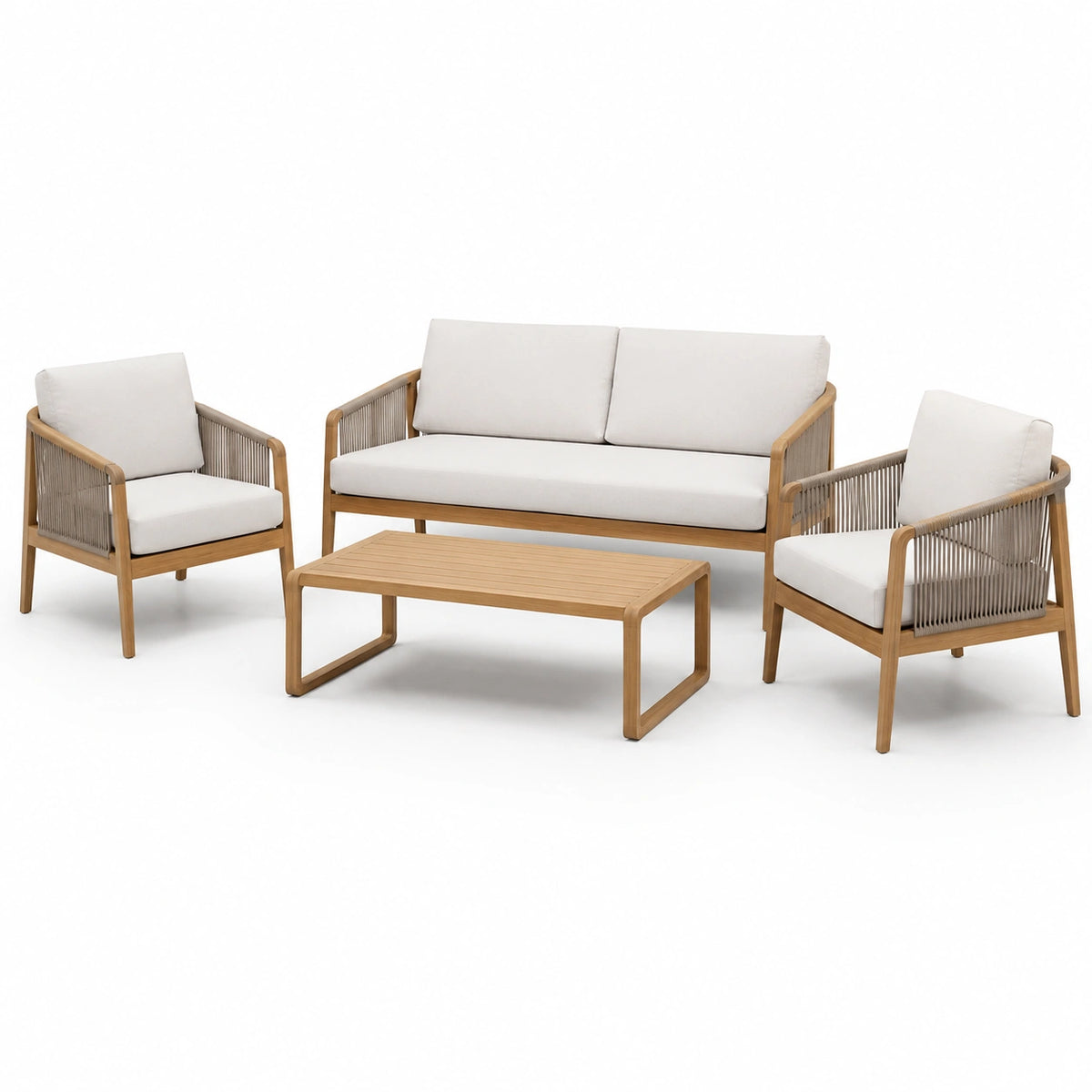 Set da salotto da giardino in legno e corda con cuscini beige