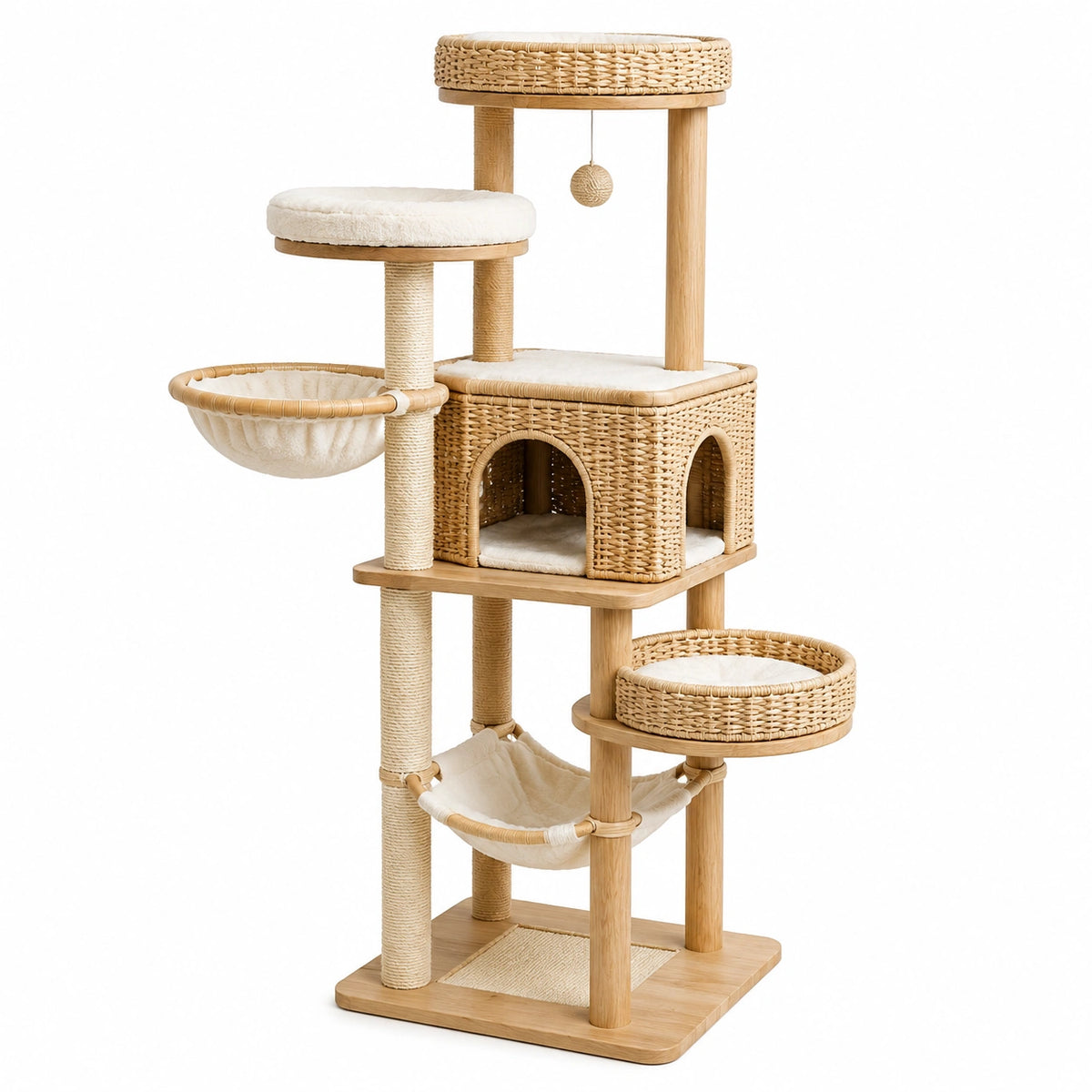 Albero Tiragraffi in Legno e Rattan con Cuscini in Cotone