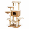 Tiragraffi per Gatti in Legno e Sisal con Cuccia e Amaca Beige