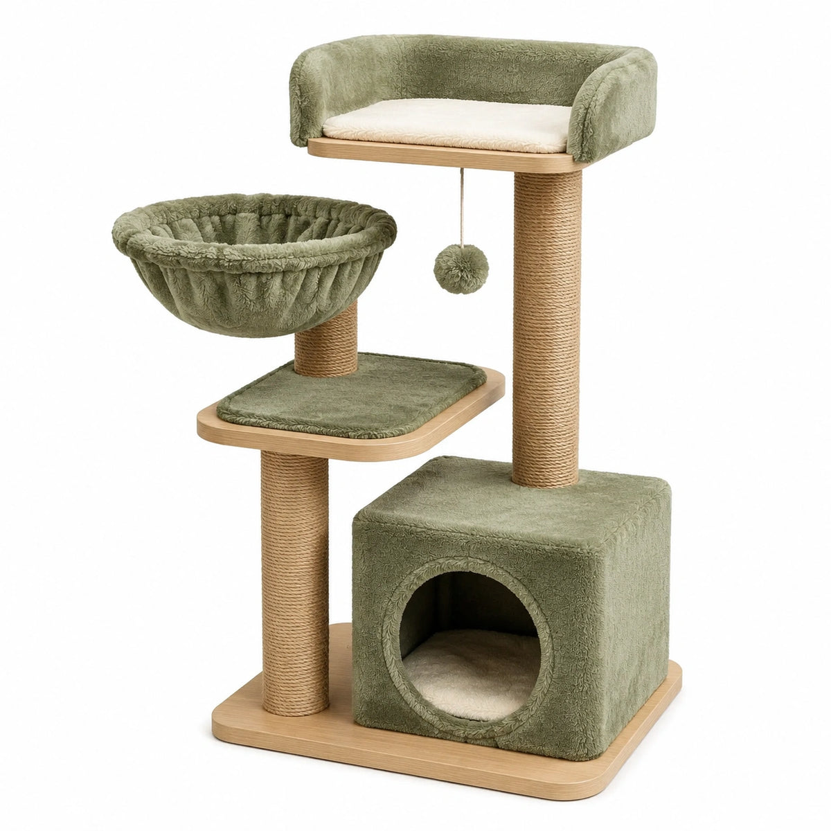 Tiragraffi per Gatti in Legno con Piattaforma, Amaca e Cuccia Rivestite in Tessuto Verde