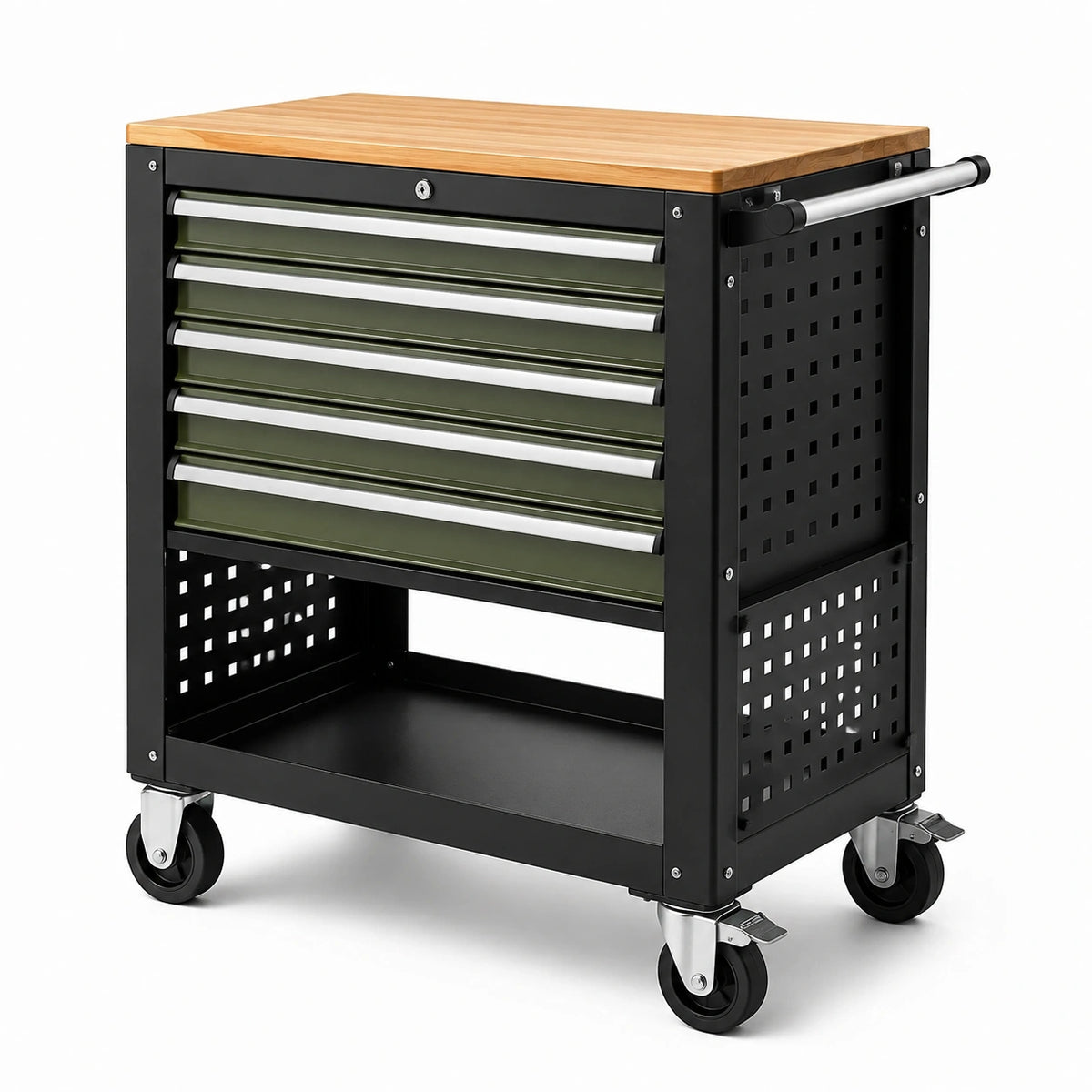 Carrello portautensili metallo con 5 cassetti verde e piano legno
