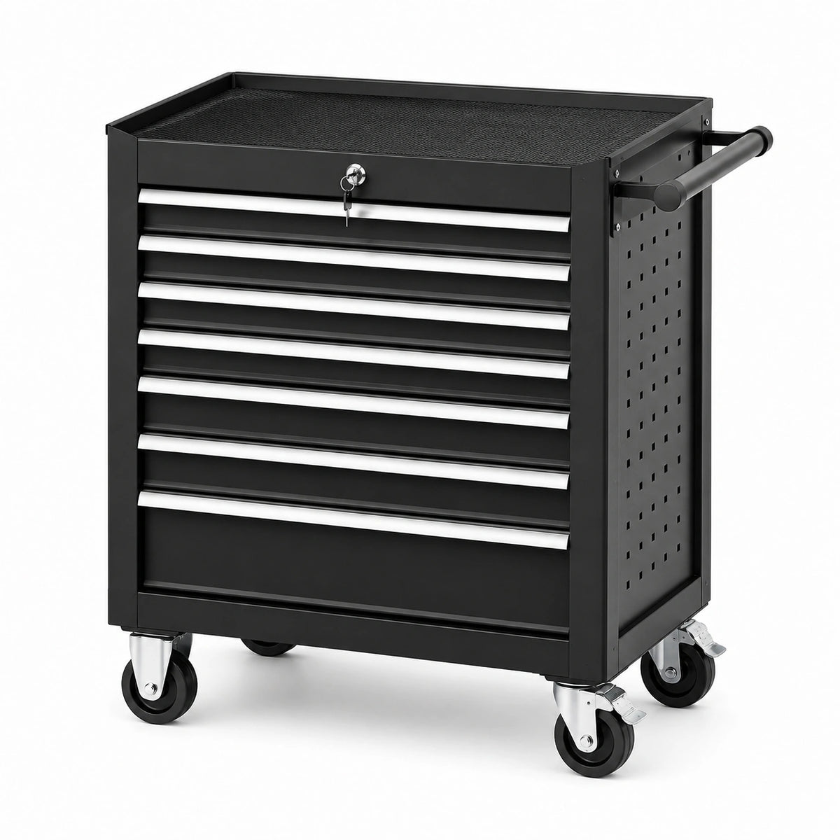 Carrello portautensili in acciaio nero con 7 cassetti e ruote