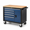 Carrello portautensili in metallo blu con piano di legno e 5 cassetti