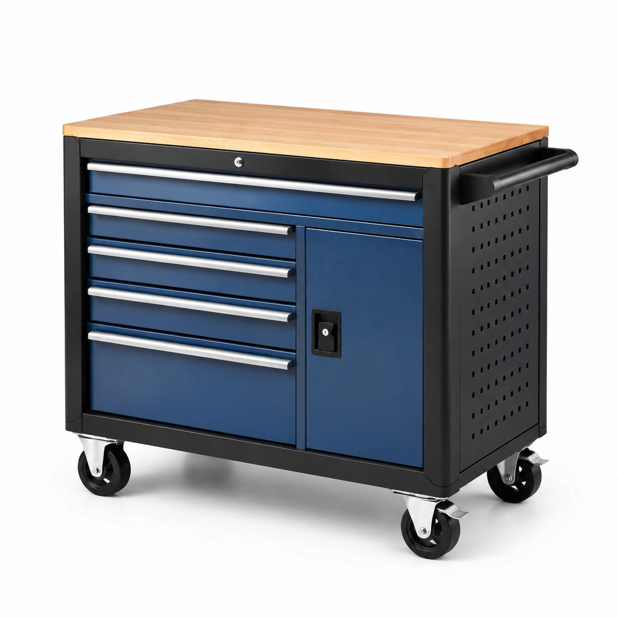 Carrello portautensili in metallo blu con piano di legno e 5 cassetti