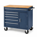 Carrello portautensili in acciaio blu con piano in legno e cassetti