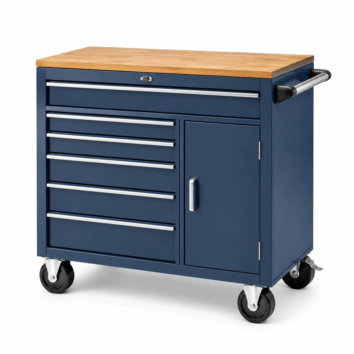 Carrello portautensili in acciaio blu con piano in legno e cassetti