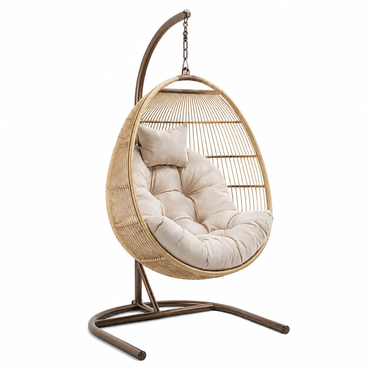 Sedia a dondolo sospesa in rattan con cuscino beige, struttura in metallo