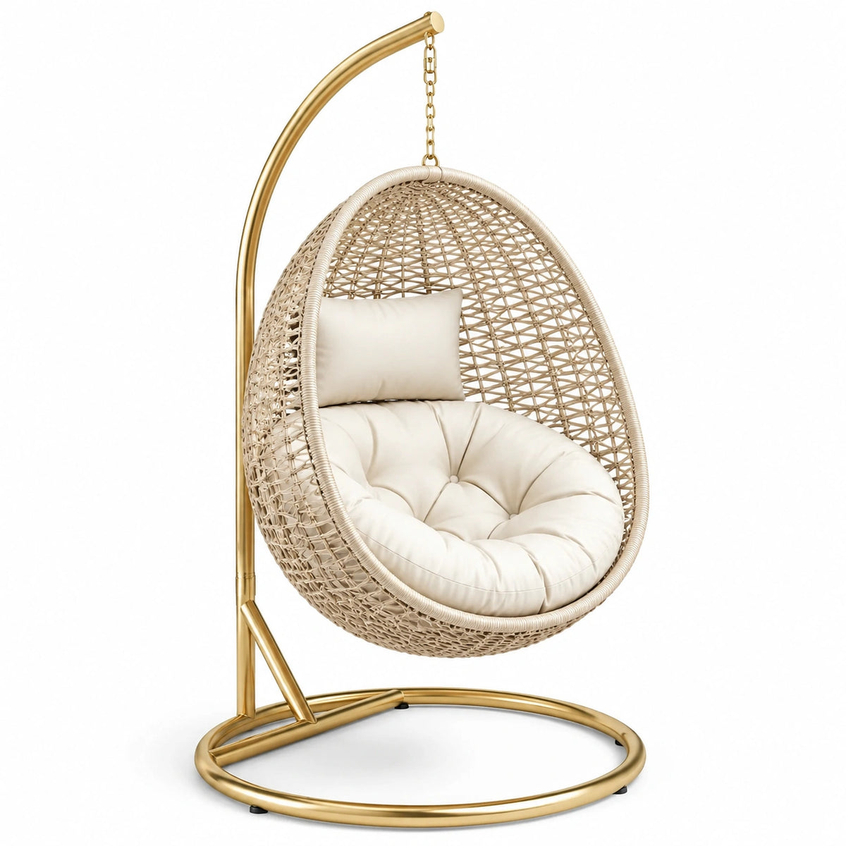 Poltrona sospesa in rattan sintetico beige con struttura in metallo dorato