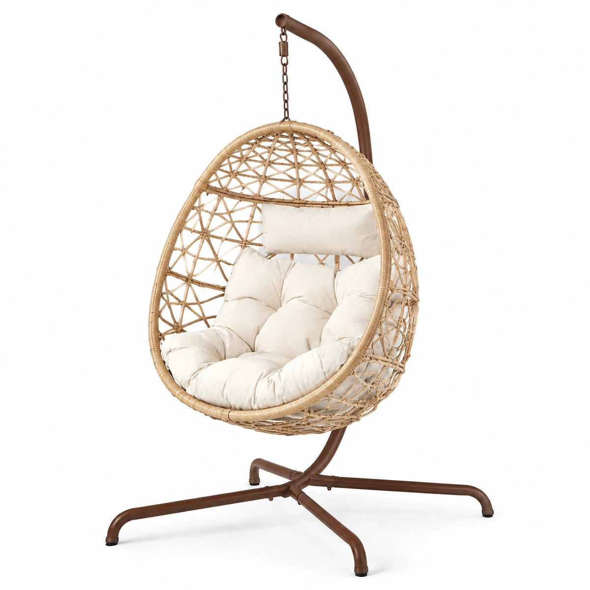 Sedia a Dondolo Sospesa in Rattan Sintetico con Cuscino Beige