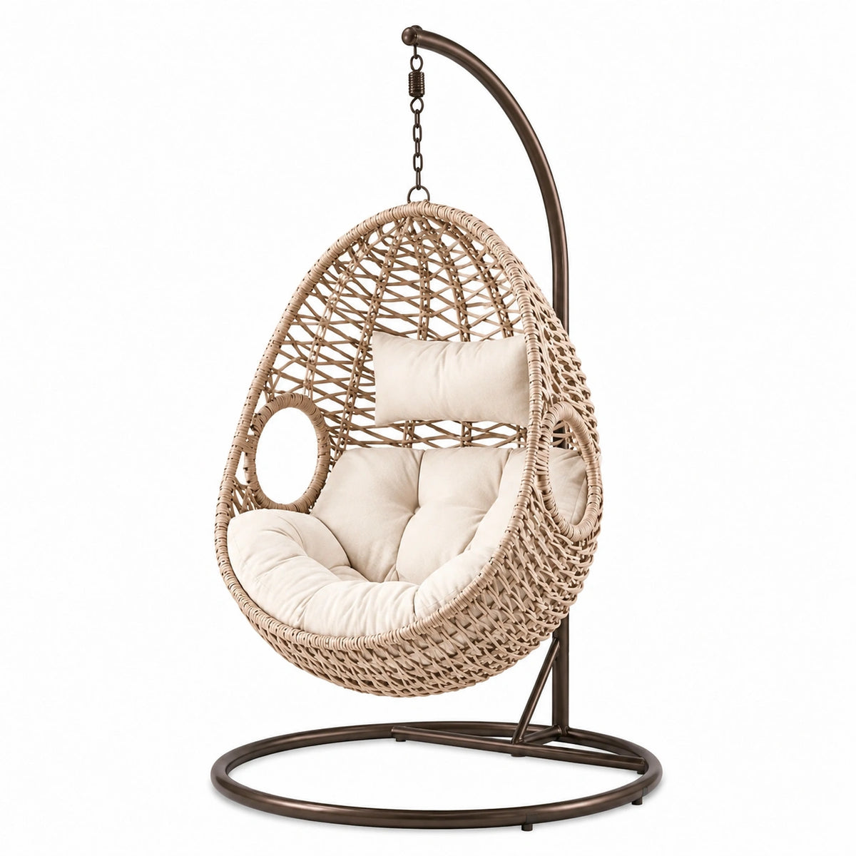 Poltrona sospesa in resina intrecciata beige con cuscini e struttura in acciaio
