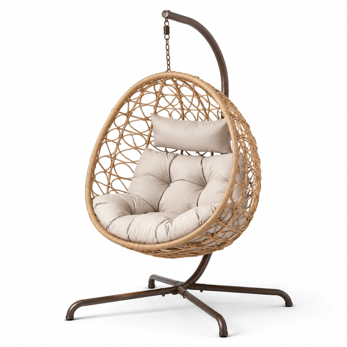 Sedia a dondolo sospesa in rattan sintetico e acciaio con cuscino beige