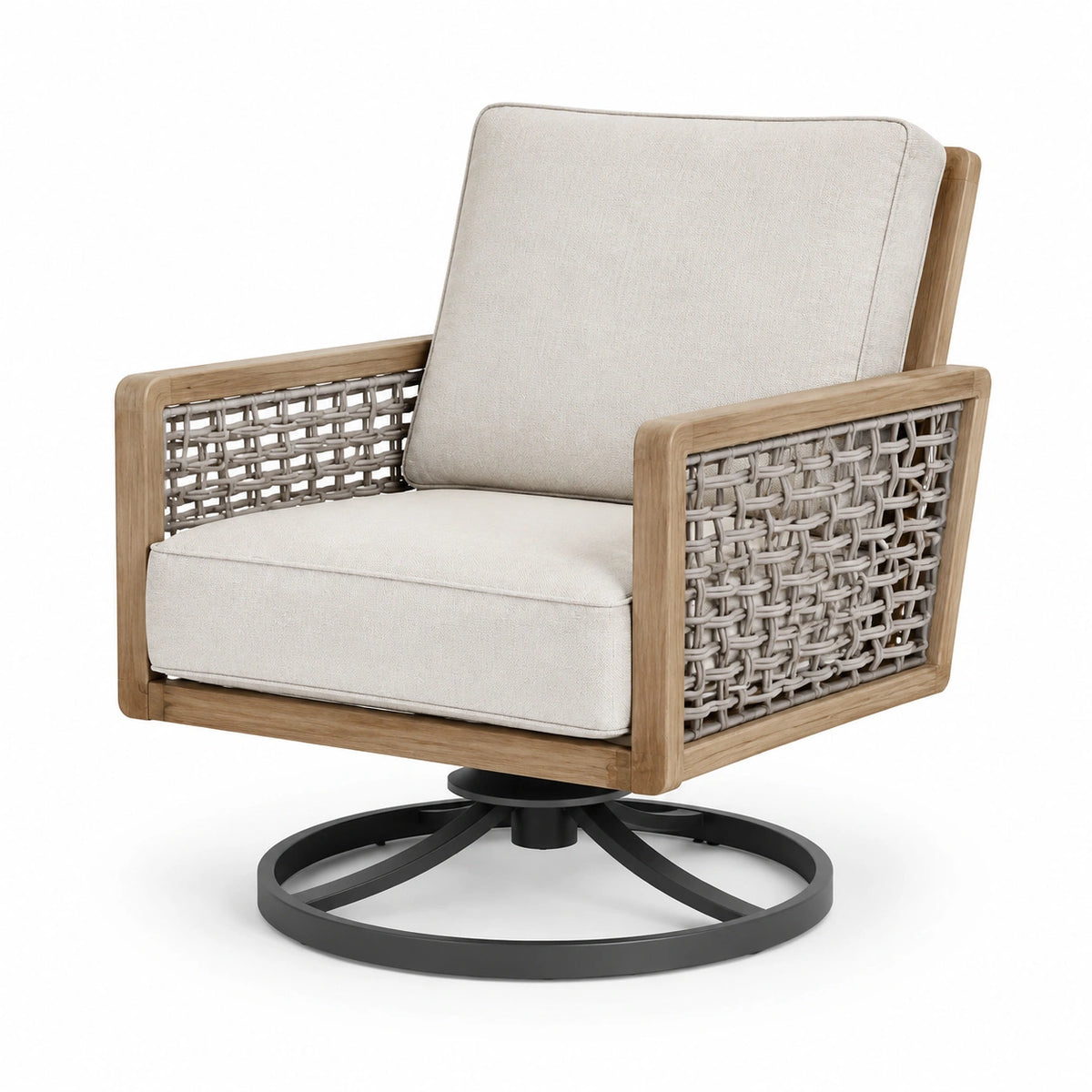 Poltrona Girevole in Legno e Metallo con Seduta in Tessuto Beige