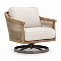 Poltrona girevole in legno e metallo con seduta in tessuto beige