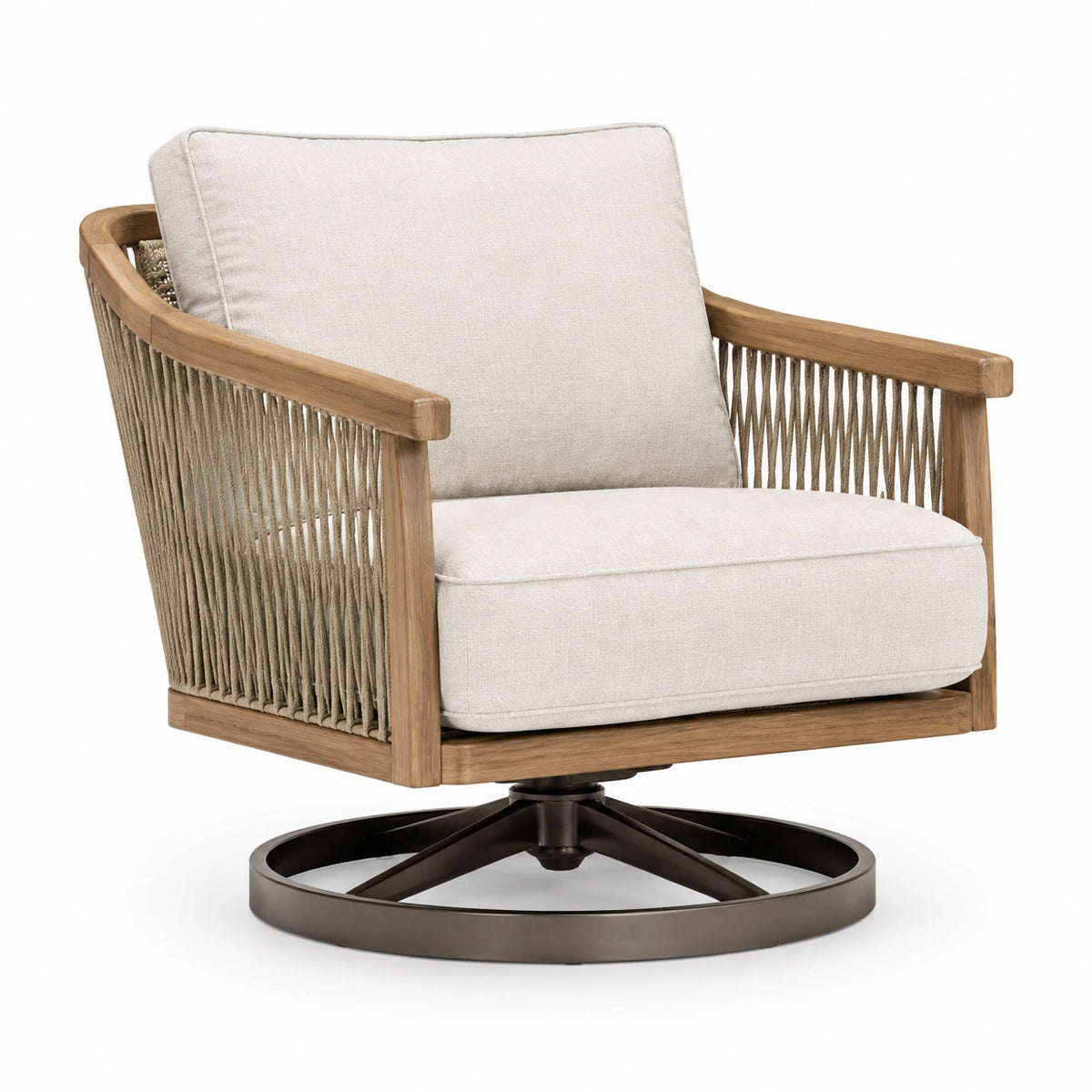 Poltrona girevole in legno e metallo con seduta in tessuto beige