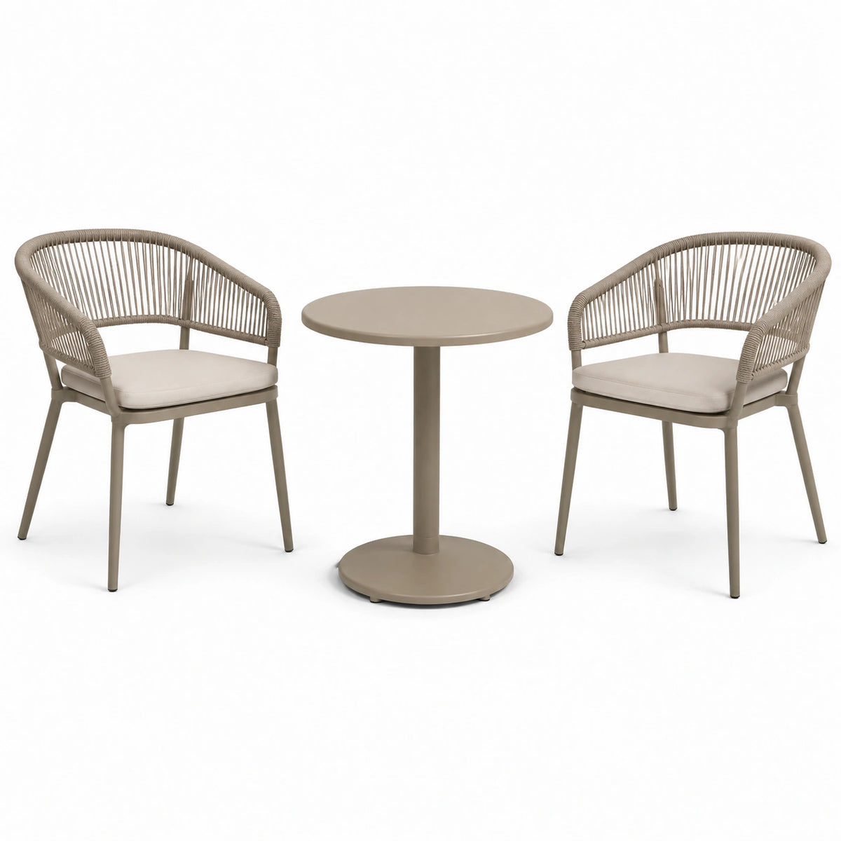 Set da bistrot in metallo e corda con tavolo rotondo beige