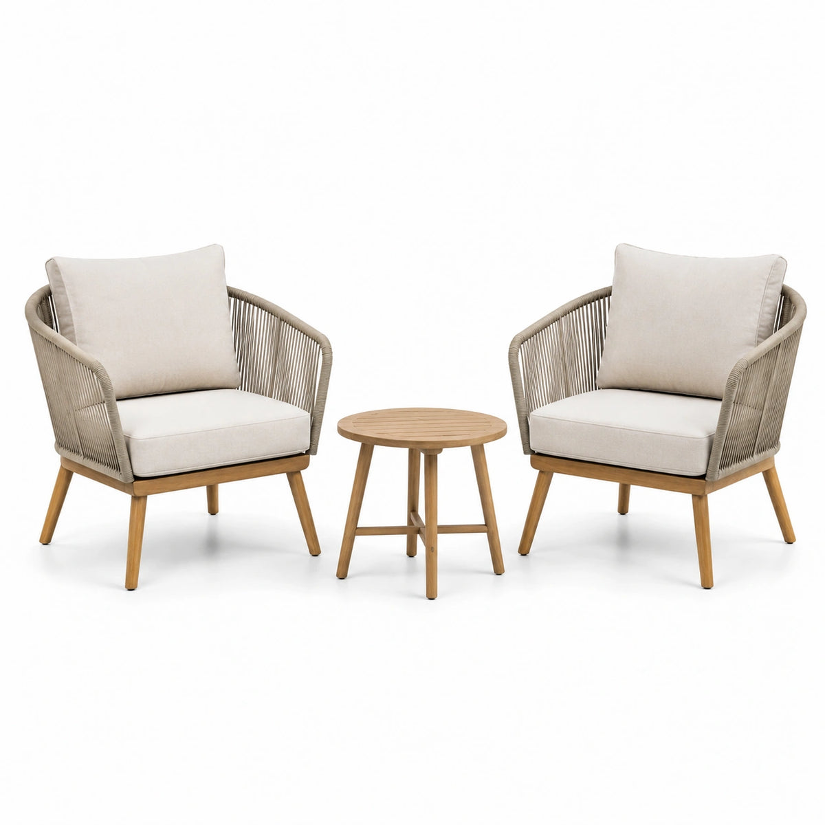 Set giardino in legno e corda con cuscini in poliestere beige