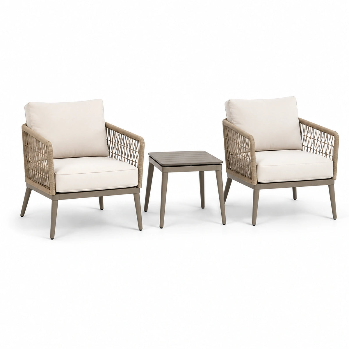 Set da giardino in metallo e corda con cuscini beige