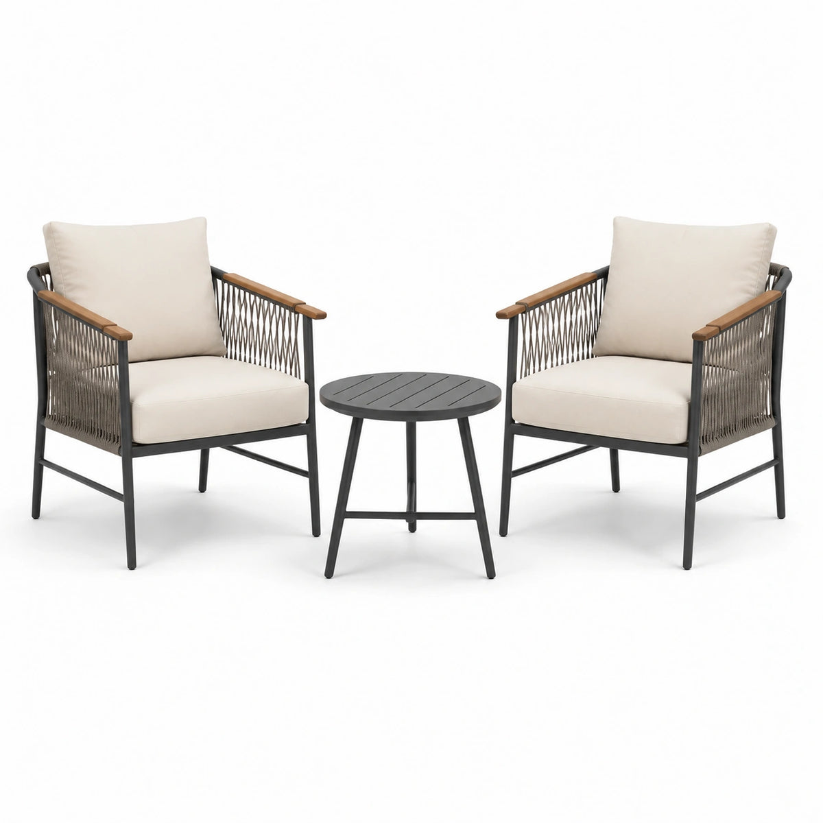 Set da giardino in metallo con sedie intrecciate e tavolo rotondo