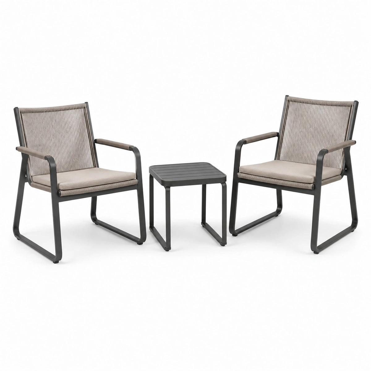 Set da giardino in metallo con due poltrone e tavolino